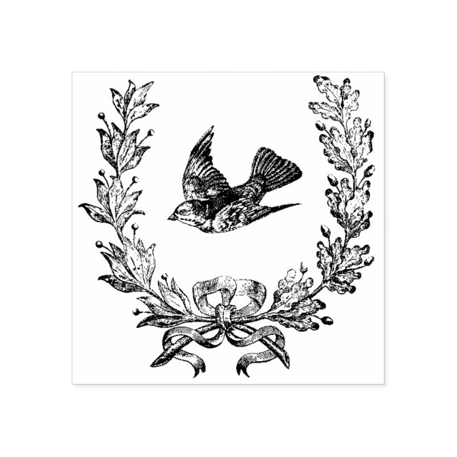 French Wreath and Bird Vintage Art Rubber Stamp (Imprint)