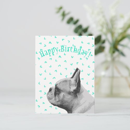 Frenchie  Aqua colored pattern  Happy Birthday Postcard