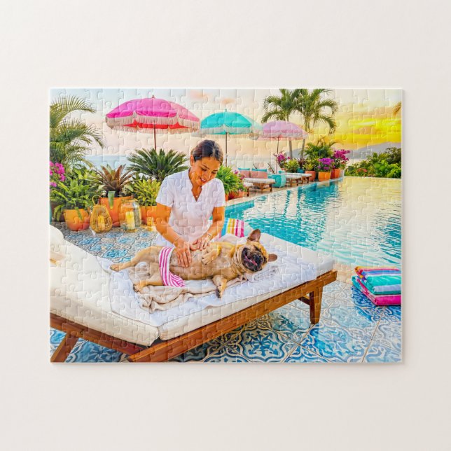 Frenchie at pool massage jigsaw puzzle (Horizontal)