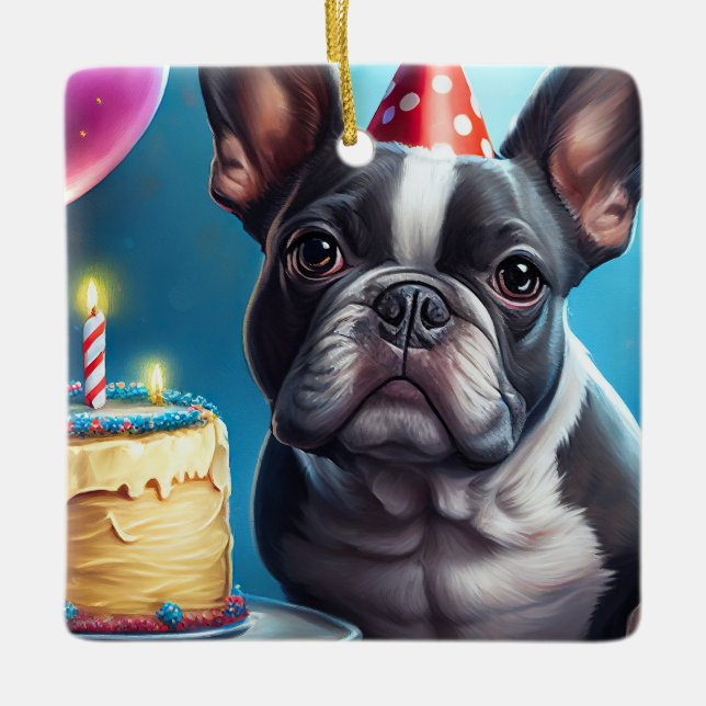Frenchie Birthday Bash: A Cute French Bulldog Ceramic Ornament (Front)