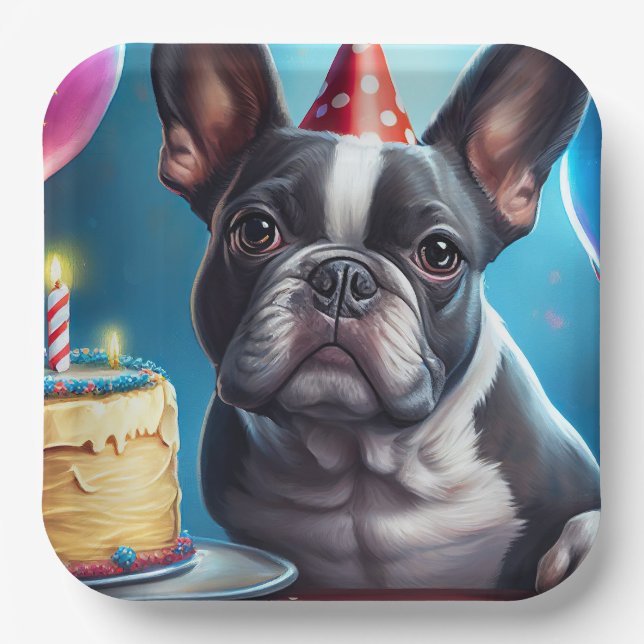 Frenchie Birthday Bash: A Cute French Bulldog Paper Plates (Front)