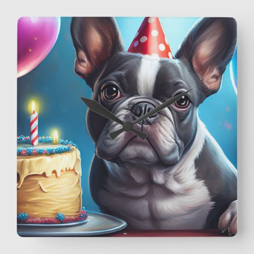 Frenchie Birthday Bash A Cute French Bulldog Square Wall Clock