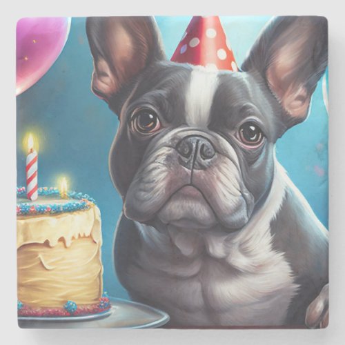 Frenchie Birthday Bash A Cute French Bulldog Stone Coaster