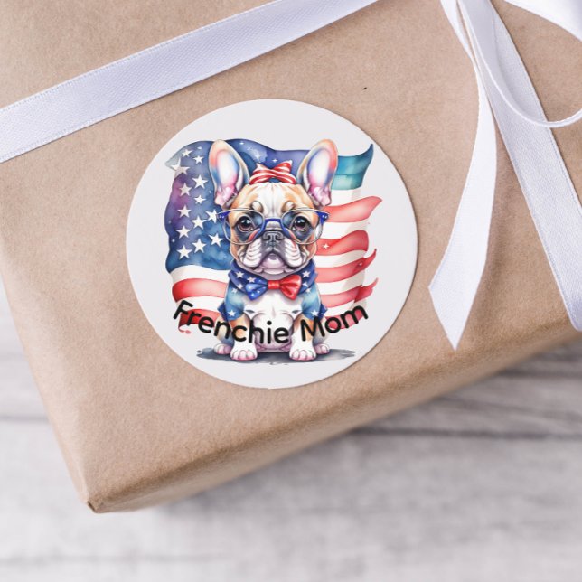 Frenchie Bulldog Mom Patriotic USA Flag  Classic Round Sticker (Creator Uploaded)