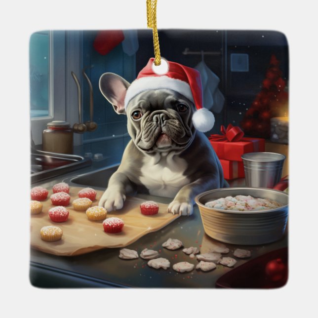 Frenchie Christmas Cookies Festive Holiday Ceramic Ornament (Front)
