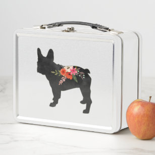 Frenchie Dog Breed Boho Floral Silhouette Metal Lunch Box