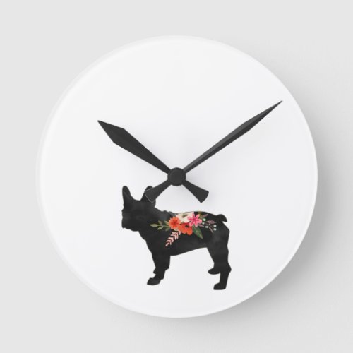 Frenchie Dog Breed Boho Floral Silhouette Round Clock