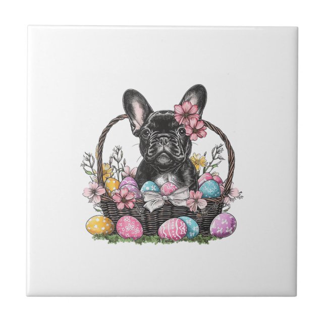 Frenchie Dog Easter Frenchie Dog Eggs Artwork T-Sh Ceramic Tile (Front)