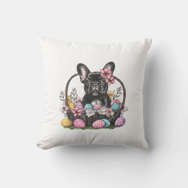 Frenchie Dog Easter Frenchie Dog Eggs Artwork T-Sh Throw Pillow (Front)