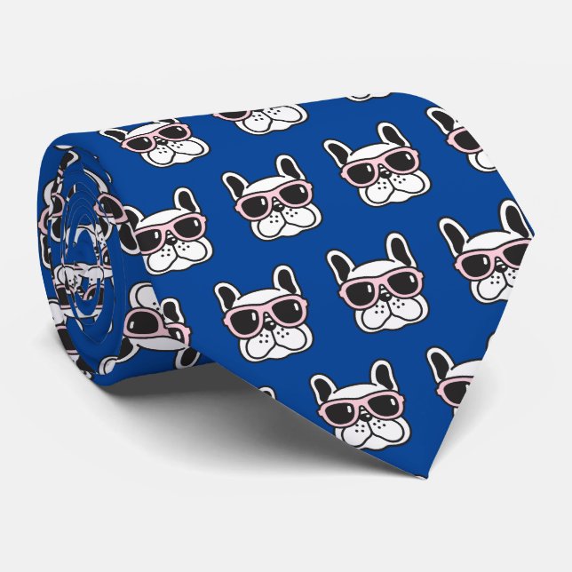 Frenchie Dog French Bulldog Father's Day Blue Neck Tie (Rolled)