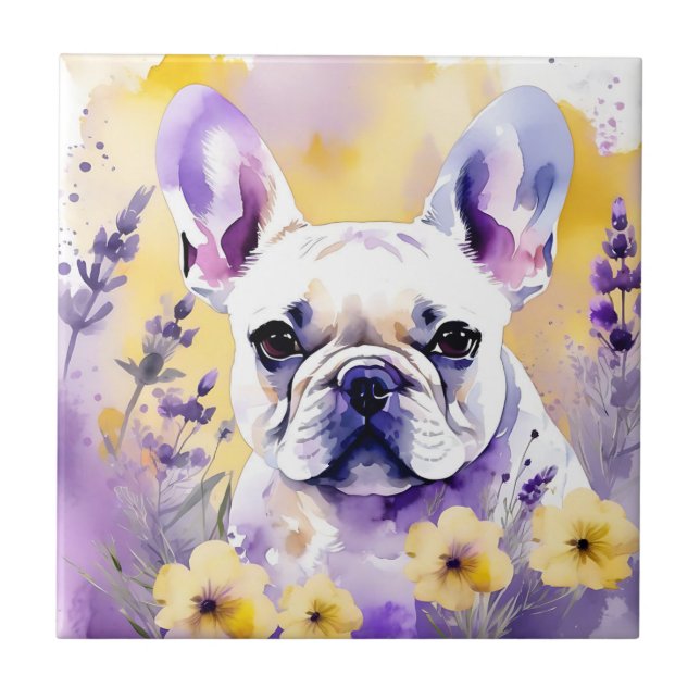 Frenchie Dog Portrait With Wildflowers Ceramic Tile (Front)
