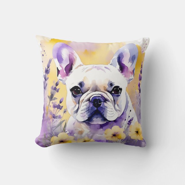 Frenchie Dog Portrait With Wildflowers Throw Pillow (Front)