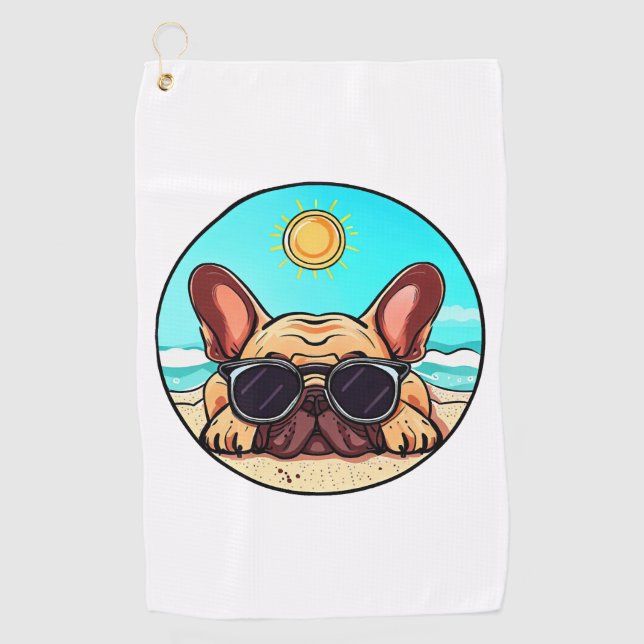 Frenchie Enjoying Beach Golf Towel (Front)