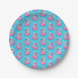 Frenchie enjoys Summer on Flamingo Pool Float Paper Plates