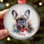 Frenchie French Bulldog Christmas Ornament<br><div class="desc">Cute French Bulldog Christmas ornament for your Frenchie! Original watercolor art by Nicole. Personalize with a custom name.</div>