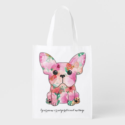 Frenchie French Bulldog Flowers Pink and Green Grocery Bag