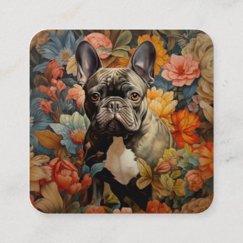 Frenchie French Bulldog Vintage Floral Square Business Card by AntiqueImages at Zazzle