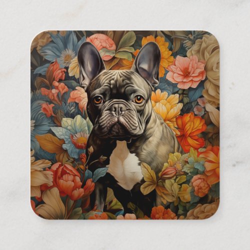 Frenchie French Bulldog Vintage Floral Square Business Card