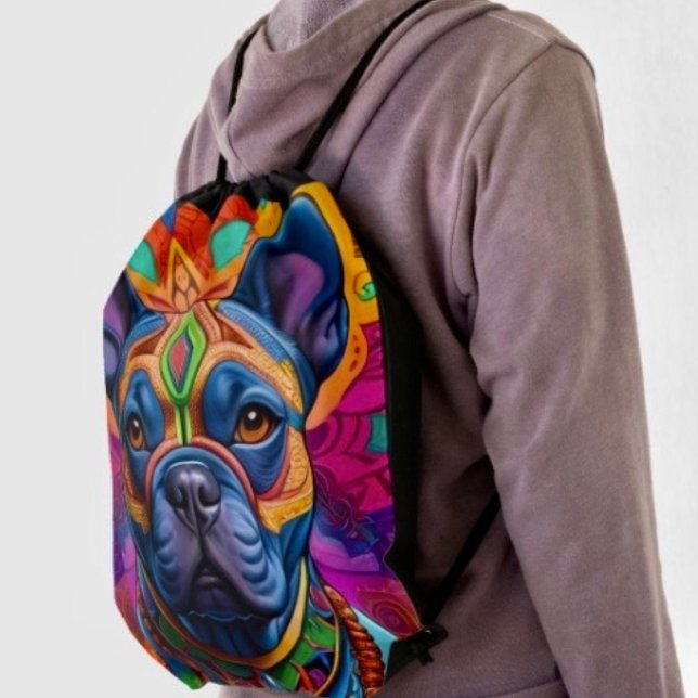 Frenchie Fun Birthday Fantasy Drawstring Bag (Made from 100% polyester and constructed with reinforced black trim. solid black back. 
)