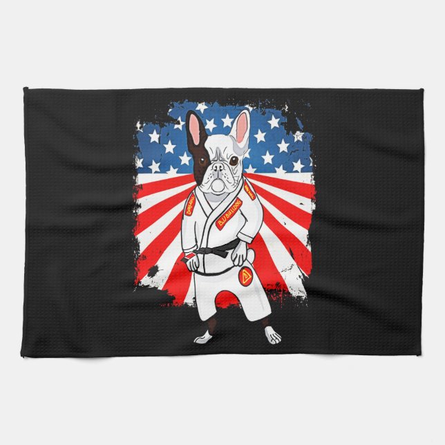 Frenchie Gift | Cute French Bulldog USA Flag Kitchen Towel (Horizontal)