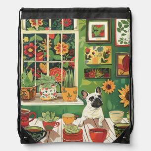 Frenchie in Boho Garden Tea Room Drawstring Bag