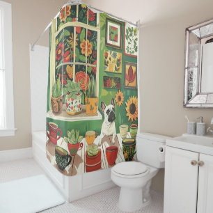 Frenchie in Boho Garden Tea Room Shower Curtain