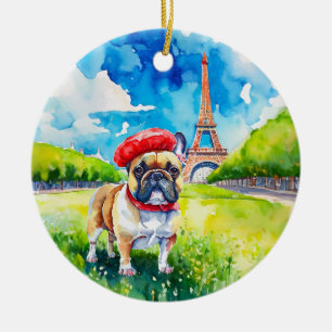 Frenchie Kisses Paris Eiffel Tower Watercolor Ceramic Ornament
