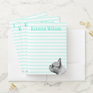 Frenchie Love Aqua Striped Personalized Pocket Folder