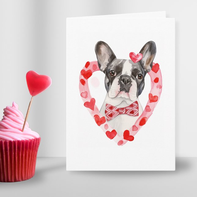 Frenchie Mom Valentines Day Dog Love Heart Pretty  Holiday Card (cute cheeky french bulldog wearing bowtie in pink red in heart frame for valentines day dog mom dad)
