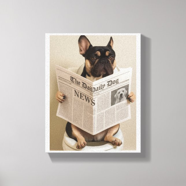 Frenchie on toilet, reading newspaper  canvas print (Front)