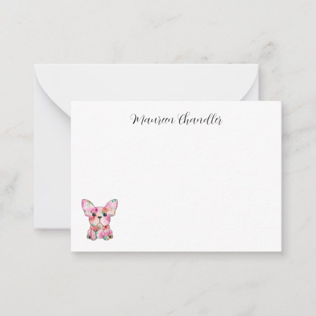 Frenchie, personalized, French Bulldog Flowers Note Card (Front)
