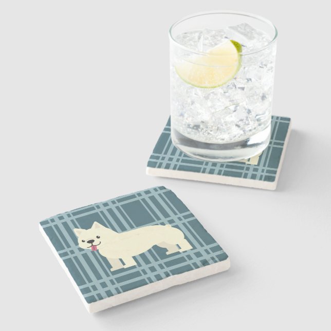Frenchie Plaid Blue Stone Coaster (Side)