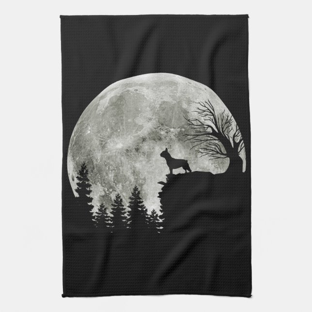 Frenchie Standing On Mountain Moonlight Halloween Kitchen Towel (Vertical)