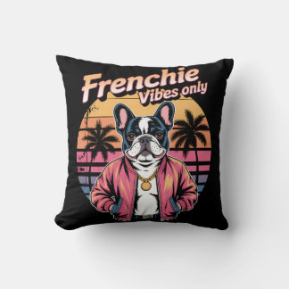 Frenchie Vibes Only Retro Sunset French Bulldog Throw Pillow