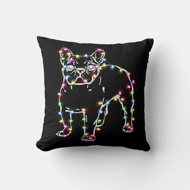 Frenchie With Christmas Lights Merry Christmas Throw Pillow (Front)