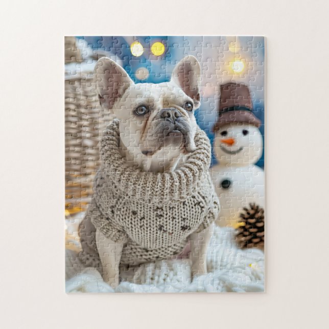 Frenchie With Snowman Christmas Jigsaw Puzzle (Vertical)