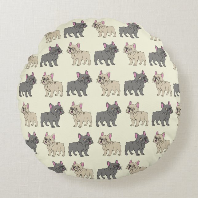 Frenchies, Beige Round Pillow (Front)