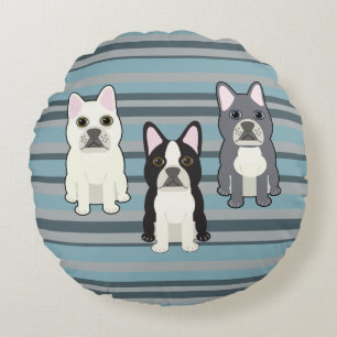 Frenchies Blue Striped Round Pillow