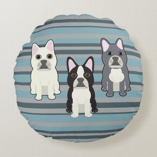 Frenchies Blue Striped Round Pillow (Front)