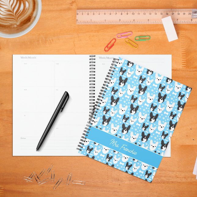 Frenchies French Bulldog Pattern Weekly Monthly Planner (Frenchies in Blue Personalized Planner)