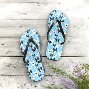 Frenchies French Bulldogs Cute Funny Pattern Blue Flip Flops
