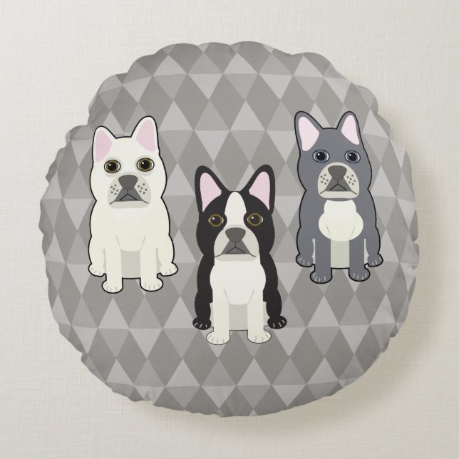Frenchies Gray Diamonds Round Pillow (Front)