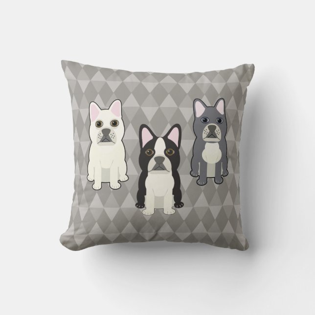 Frenchies Gray Diamonds Throw Pillow (Front)