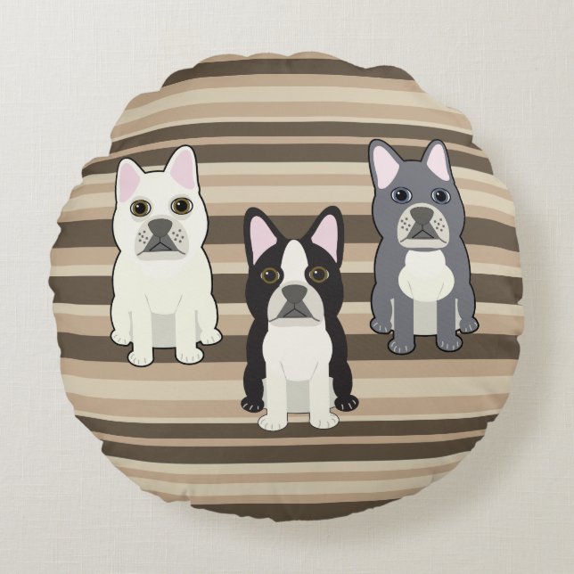 Frenchies Neutral Striped Round Pillow (Front)
