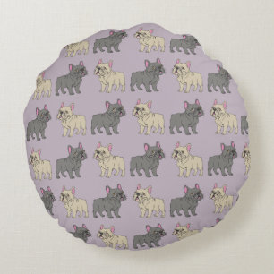 Frenchies, Purple Round Pillow