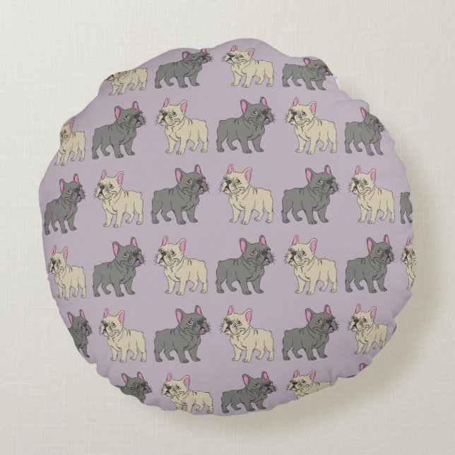 Frenchies, Purple Round Pillow (Back)