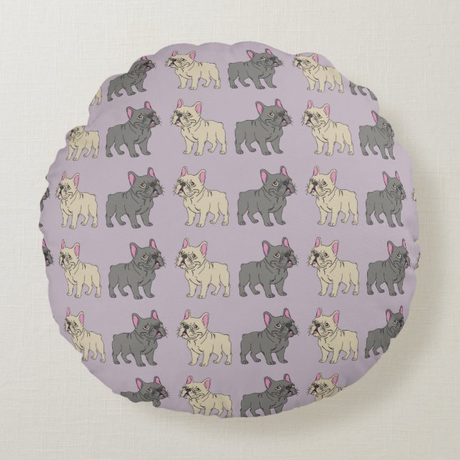 Frenchies, Purple Round Pillow (Front)