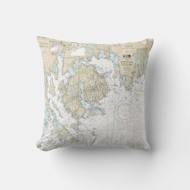 Frenchman and Blue Hill Bays and Approaches Chart Throw Pillow (Front)