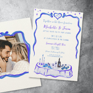 Frenhch Blue Retro Whimsical Hand Drawn Bow Photo Invitation