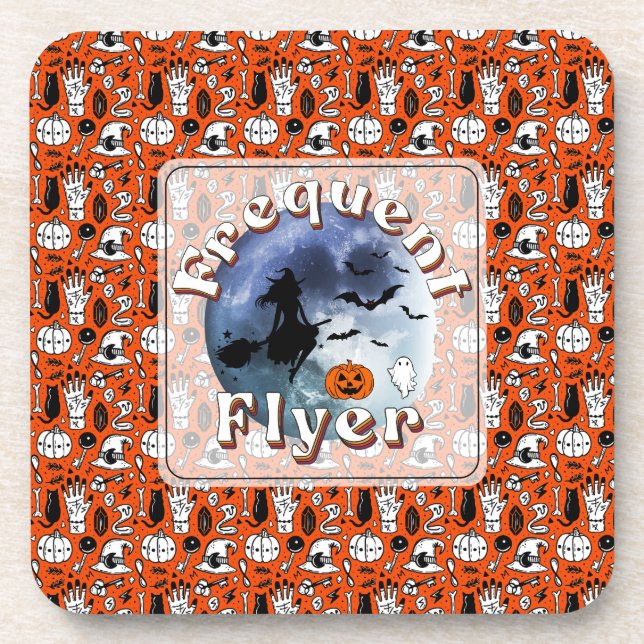 Frequent Flyer Halloween Witch Riding Broomstick Beverage Coaster (Front)